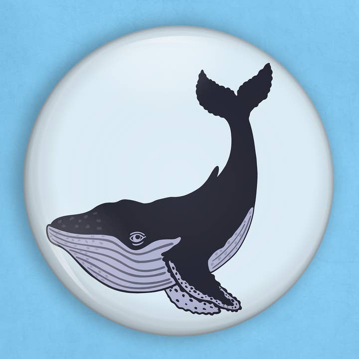 Blue whale pin (1 inch diameter) for wholesale by Caroline W Illustration