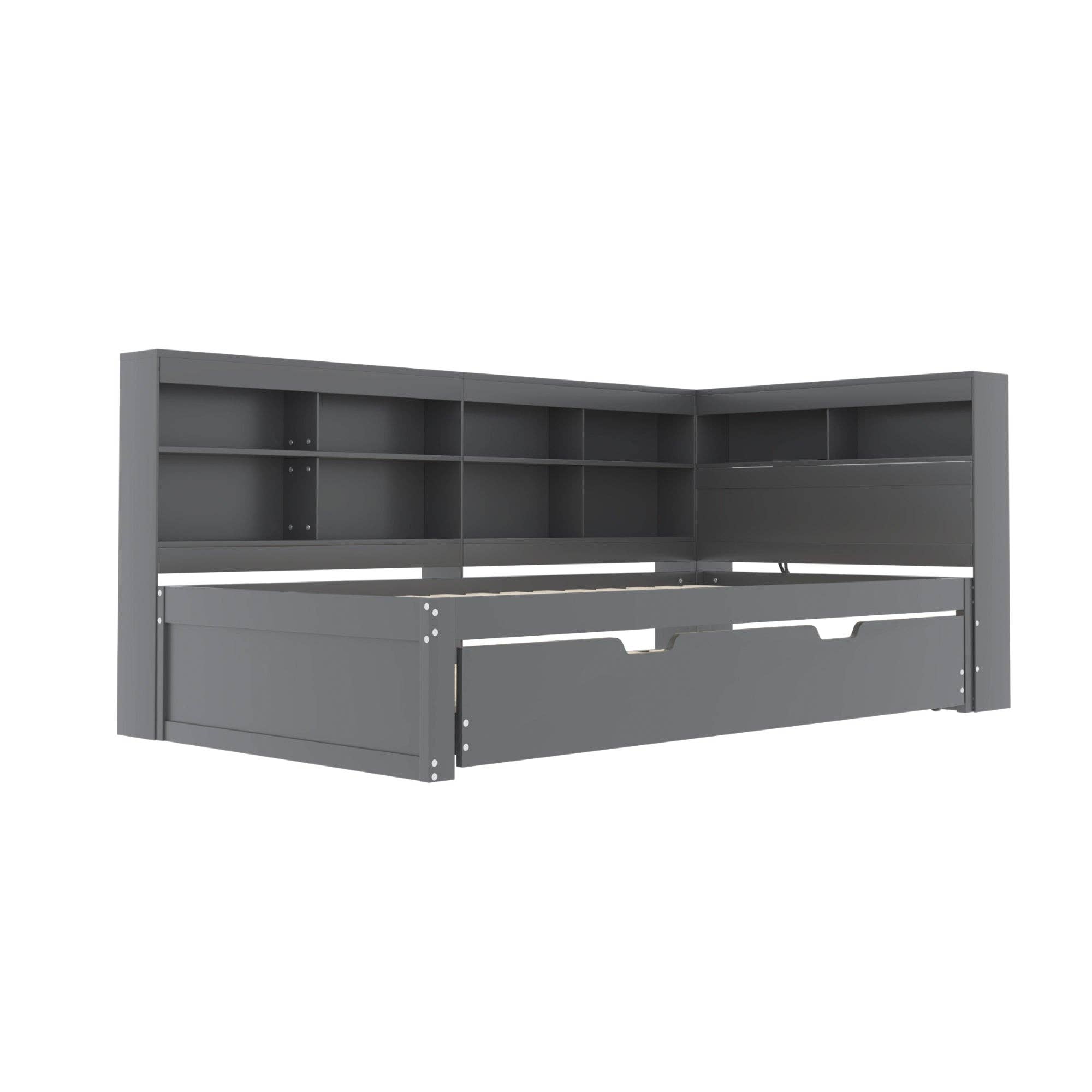 Urban Meuble - Wholesale Bed - Solid wood trundle bed gray 90*200 with USB port and multiple storage GIRCAET12