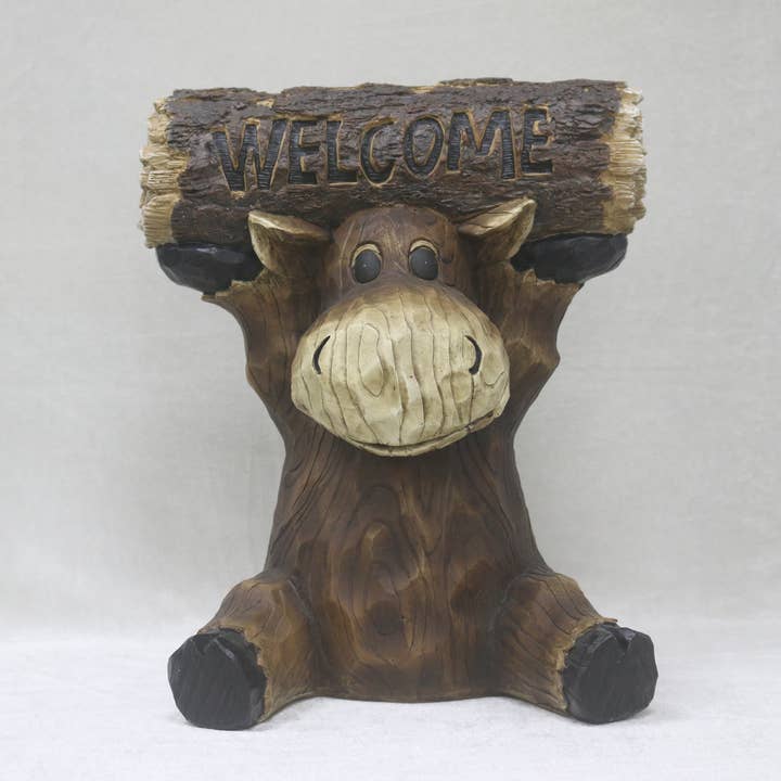 Hi-Line Gift Ltd. - Wholesale Decorative Figurine - Moose Cub Holding Welcome Sign Garden Decor