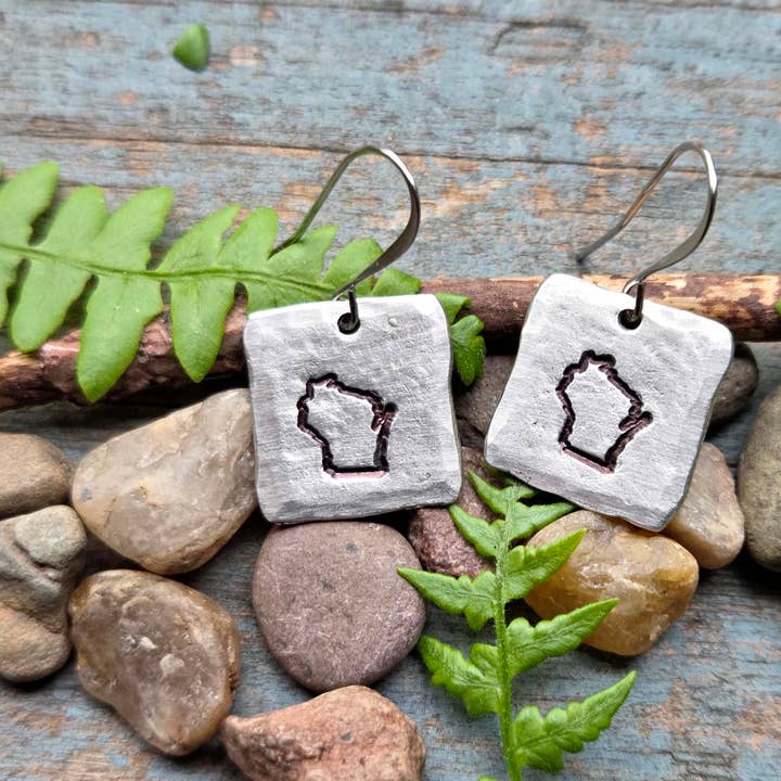 Kathryn's Collection - Wholesale Dangle Earrings - Wisconsin State Earrings, Hand-Stamped Pewter 2