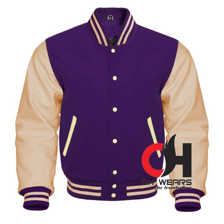 Lila Woll- und Echte Cremeleder-Ärmel Varsity Jacke für den Großhandel von OH Wears