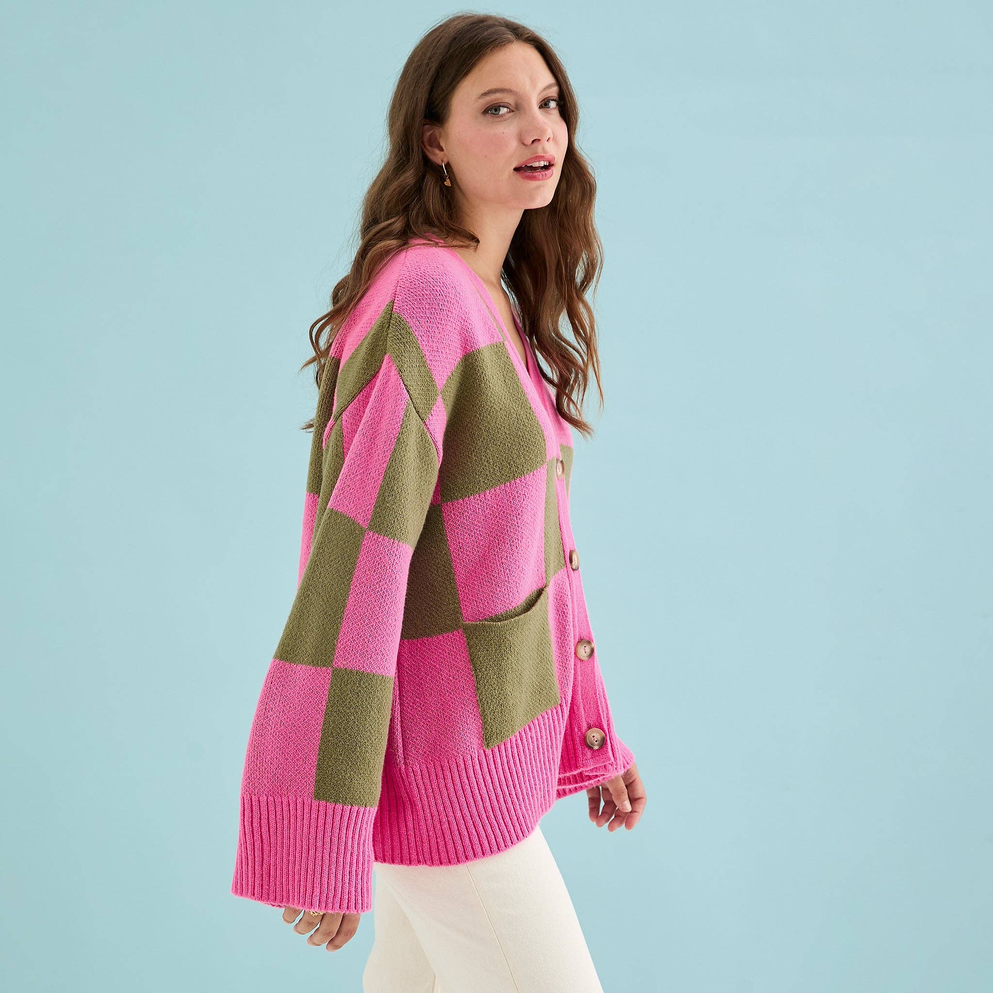 Cara & The Sky - Wholesale Cardigan - Dames - Candice Wijde Mouw Geruite Knopenvest - Roze & Groen2