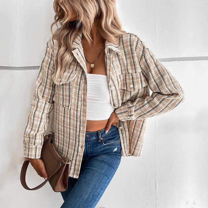 Khaki Little Fragrance Jacket Vintage Plaid Cardigan for wholesale on Faire0