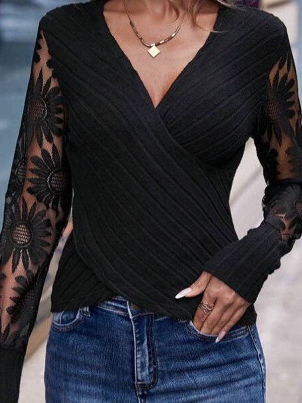 NERO T-shirt skinny a maniche lunghe con scollo a V trasparente ricamato in vendita all'ingrosso su Faire2