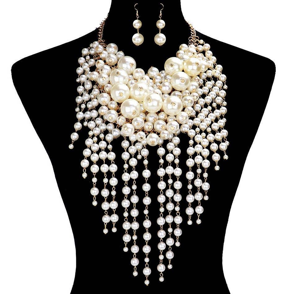 Diacly - Wholesale Beaded/Pearl Necklace - Chunky Dangling Pearls Choker Necklace Set16
