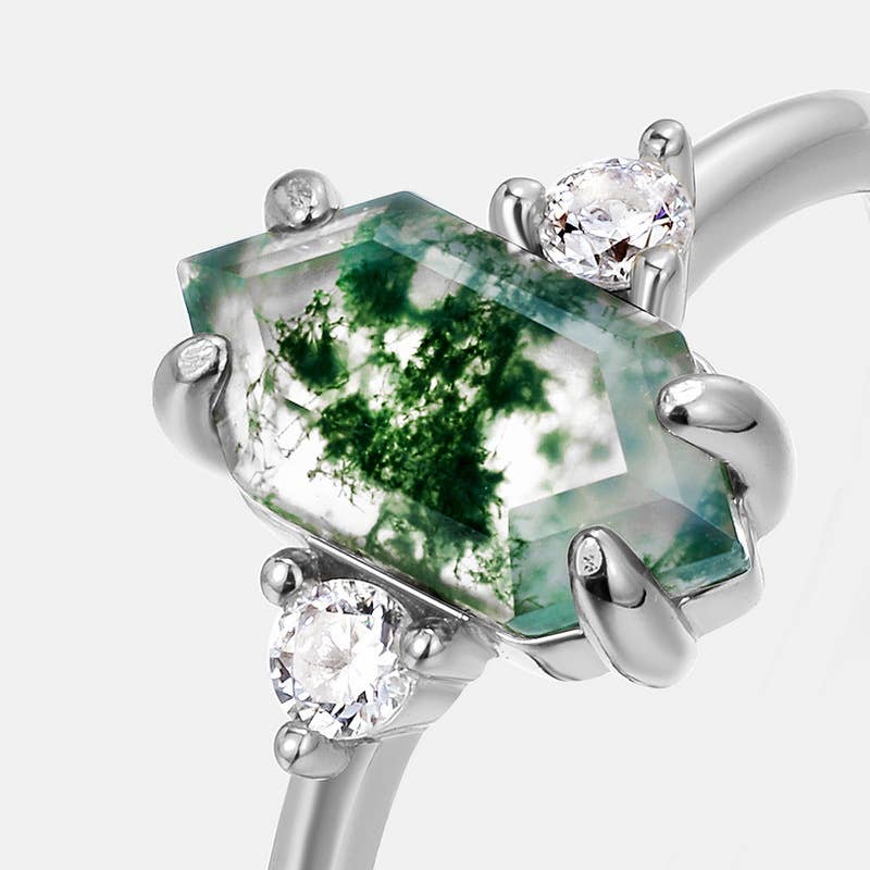 Gioiellin - S925 Silver Jewelry - Wholesale Single Stone/Solitaire Ring - 925 Sterling Silver Green Moss Water Grass Agate Ring2