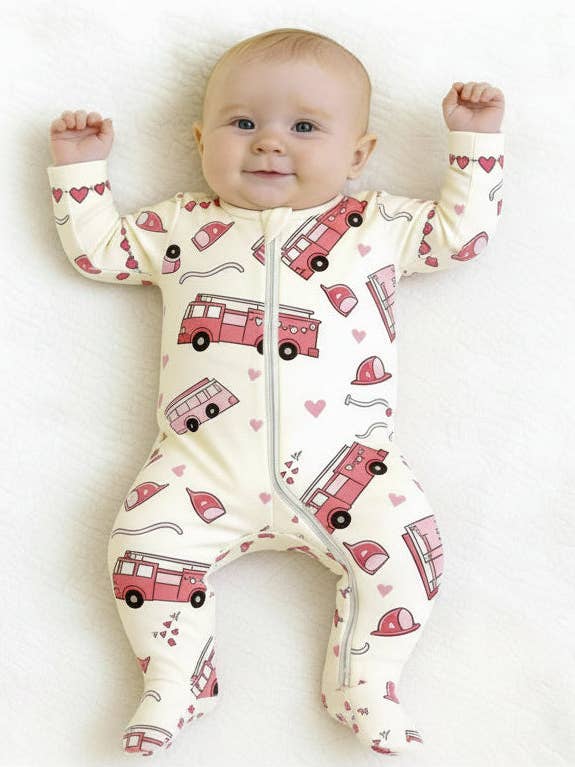 Valentine Pink Fire Trucks, Bamboo Zipper Footie for wholesale by Miller & Co.