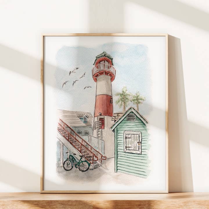 Impression d'art du conte du phare – Scène aquarelle côtière pour la vente par Swil Arts