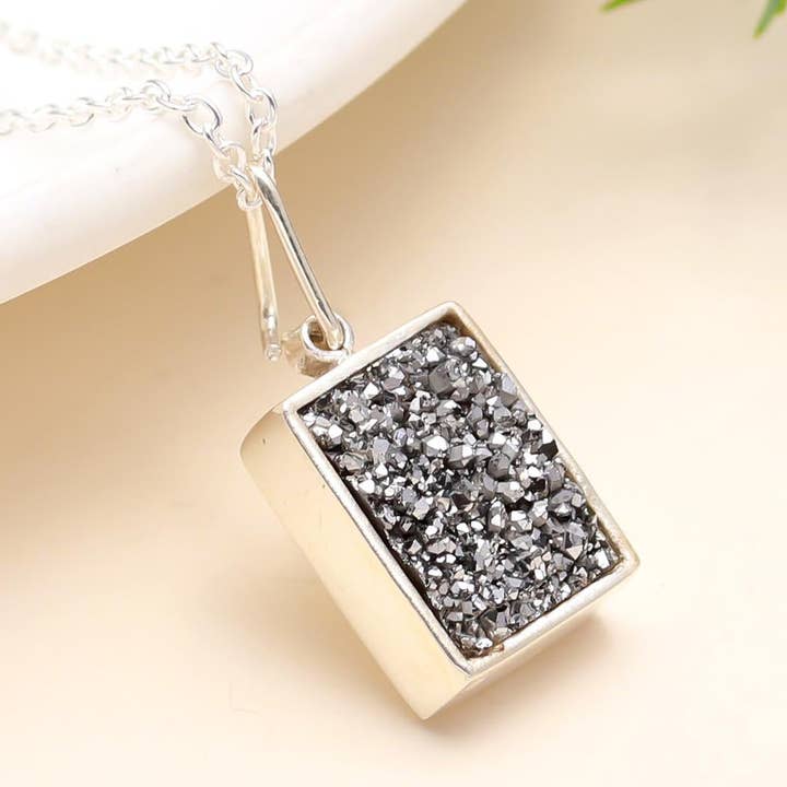 AG 925 JEWELLERY - Wholesale Pendant/Charm Necklace - Sterling Silver Titanium Druzy Pendant Necklace0