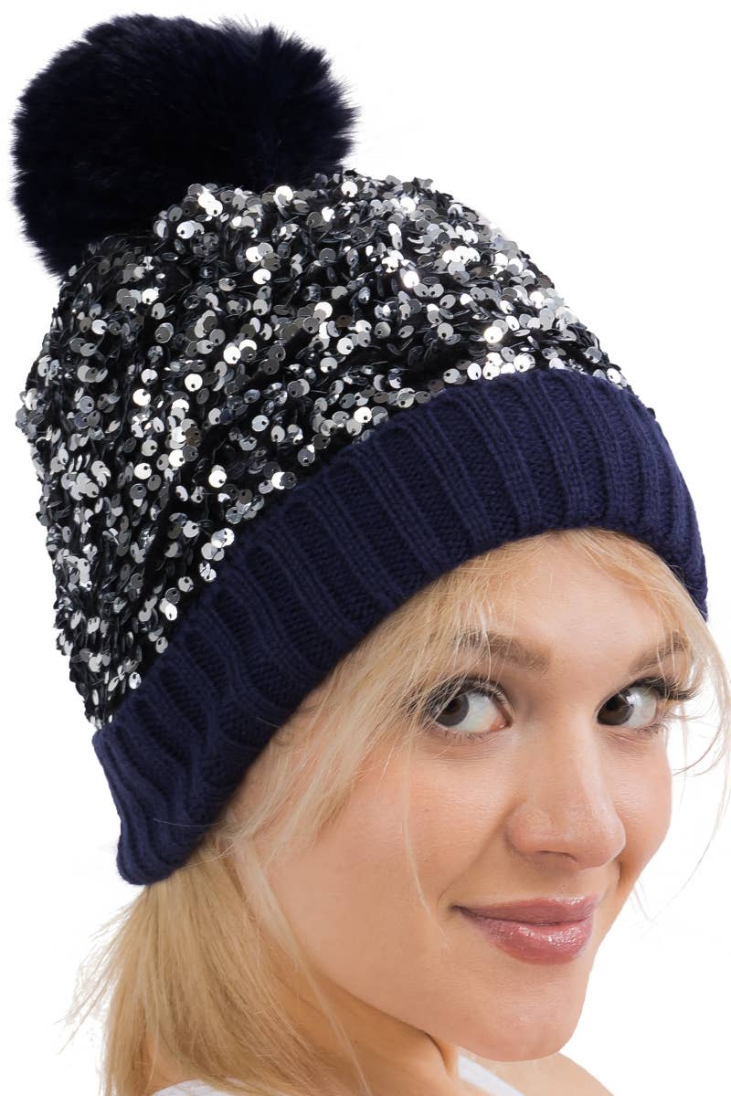 Cap Zone - Vente Bonnet – femme - Bonnet à pompon en tricot à paillettes métalliques Beazzled2