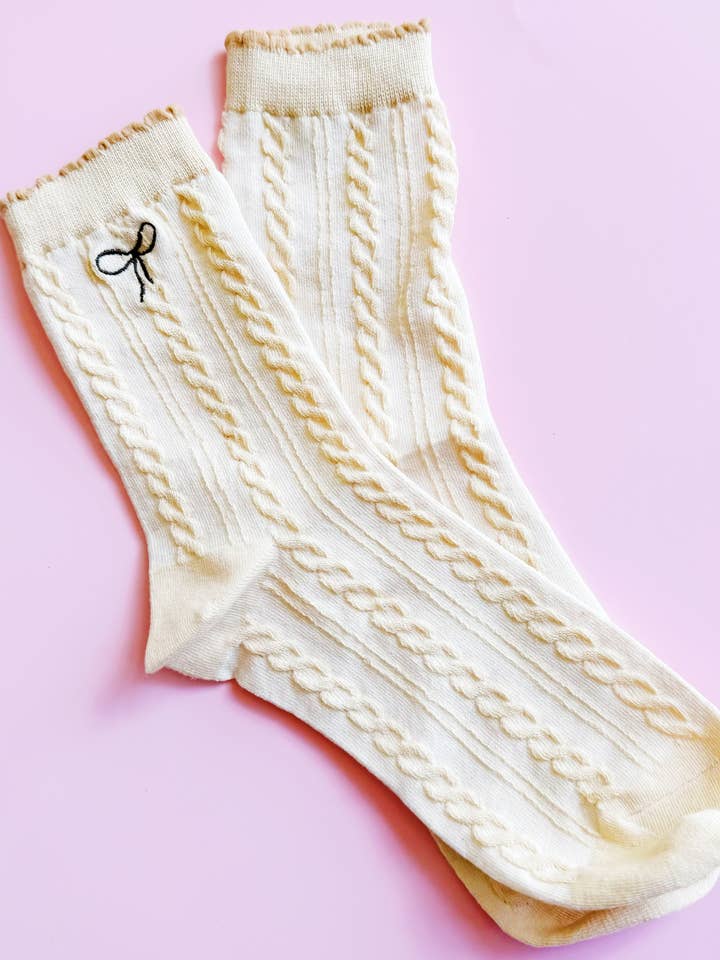 Ellison+Young - Wholesale Socks - Women's - Mini Bow Embroidered Cabled Socks