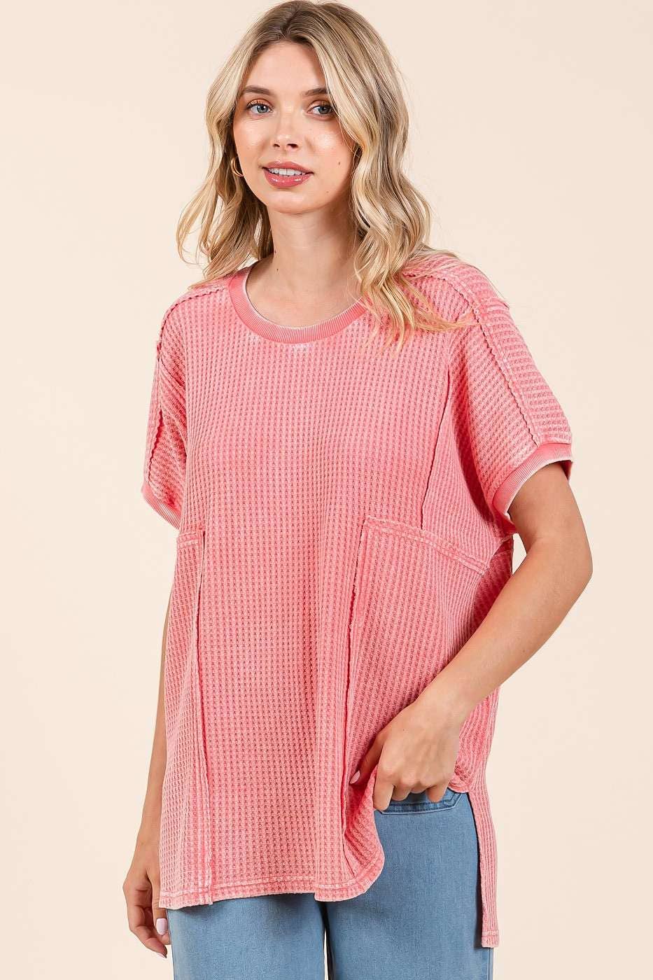 mittoshop - Wholesale Tunic - Women's - MINERAL WASH WAFFLE KNIT SEAM DETAIL TUNIC TOP2