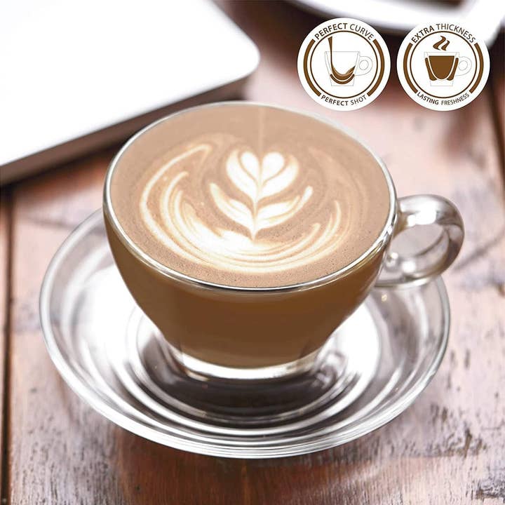 Lemonsoda - Wholesale Coffee/Tea Cup - Glass Latte Cup and Saucer - 8.75oz - Set of 6