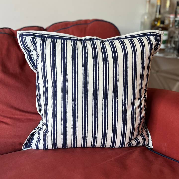 Kissenbezug 40x40cm indischer Blockdruck Streifen Blau/Weiß für den Großhandel von Pink Tuk Tuk
