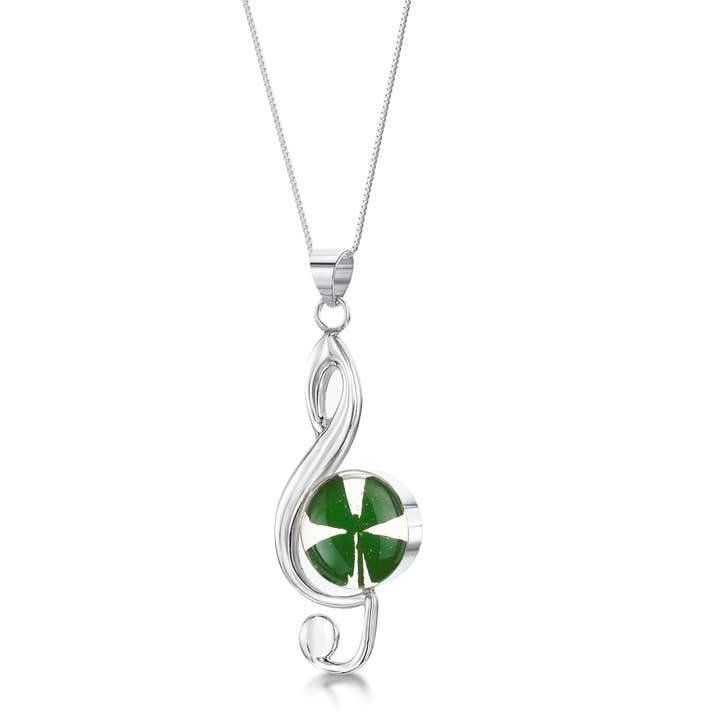 Silver Pendant -Four Leaf Clover - Treble Clef. for wholesale by Shrieking Violet