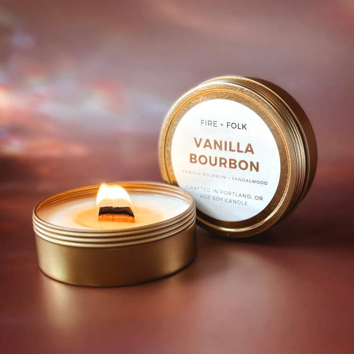 Vanilla Bourbon | 4oz Wood Wick Soy Candle Tin for wholesale by FIRE + FOLK