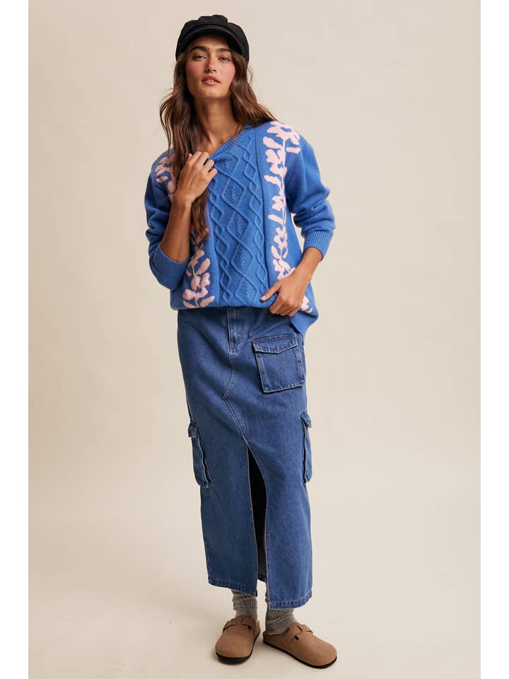 Listicle – Engroshandel Pullover - Dame – Blomstret Panel Kabelstriktrøje LSW088040