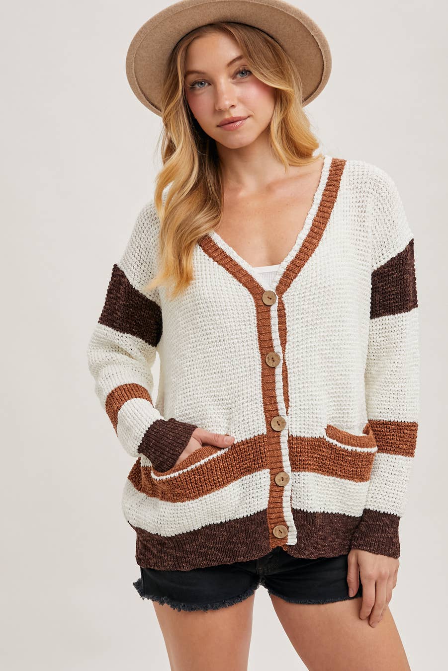 Bluivy - Wholesale Cardigan - Women's - COLOR BLOCK BUTTON DOWN KNIT SWEATER CARDIGAN0