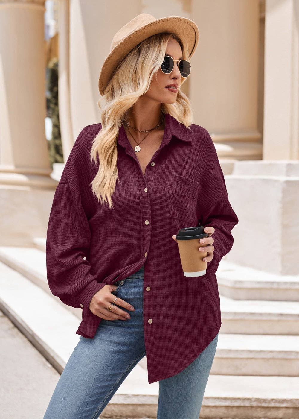 Lovesoft - Wholesale Button Down Shirt - Women's - Women's Casual Loose Pocket Waffle Fashion Shirt17