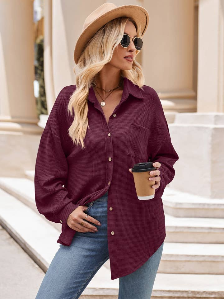 Lovesoft - Wholesale Button Down Shirt - Women's - Women's Casual Loose Pocket Waffle Fashion Shirt17