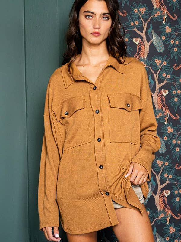 BUCKETLIST OUTLET - Wholesale Shirt Jacket/Shacket - Women's - T1320-4 OUTLET SALE Solid Rib Knit Oversized Shacket Shirt24