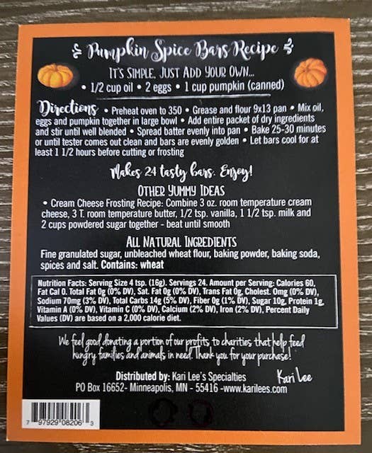 Kari Lee's Specialties - Wholesale Brownie Mix - Pumpkin Spice Bars Mix1