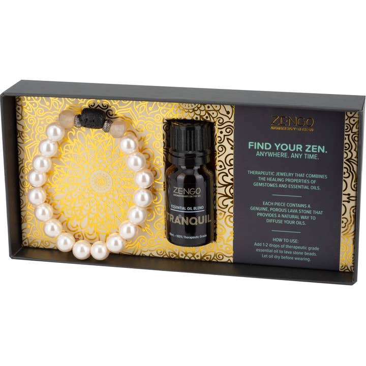Pearl + Lava Bead Bracelet & Oil (Tranquil) Set for wholesale by BOPS WHOLESALE