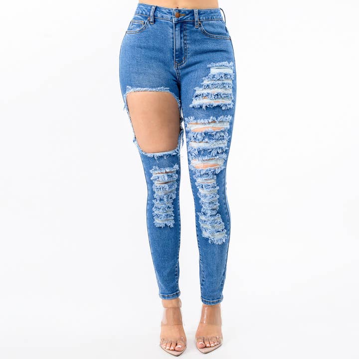 BLUE HIGH WAIST CUT OUT DISTRESSED JEANS-RJH20360 for wholesale on Faire0