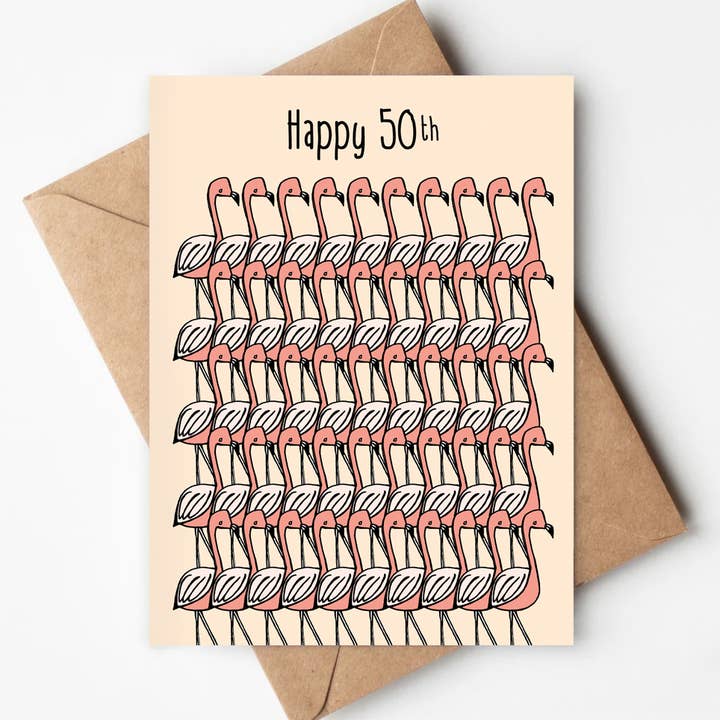 Happy 50th Birthday Flamingos Eco-friendly Card Milestone for wholesale by Jenna's Doodles