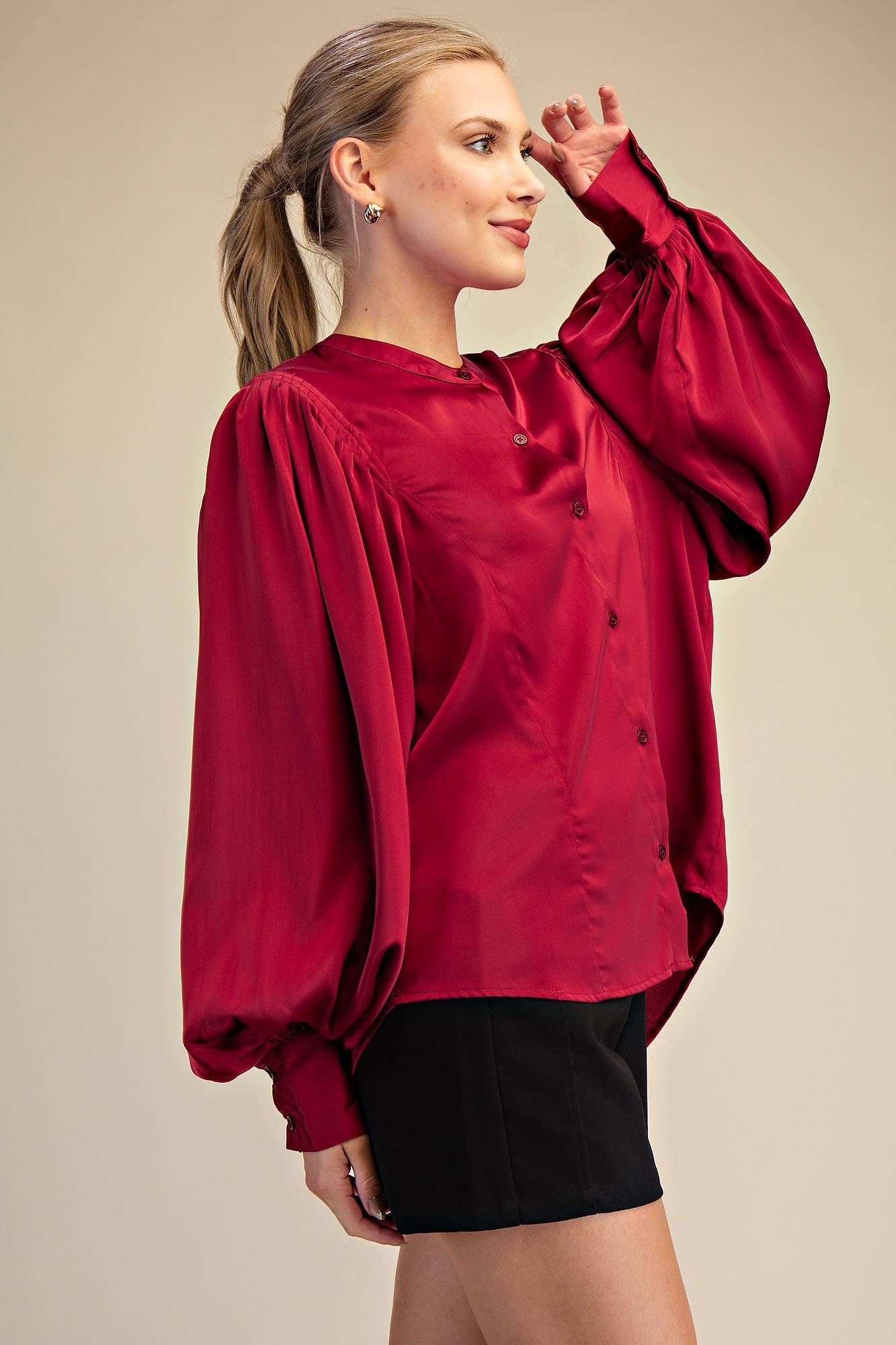 Glam - Wholesale Blouse - Women's - Round Neck Button Down Puff Long Sleeve Satin Top13