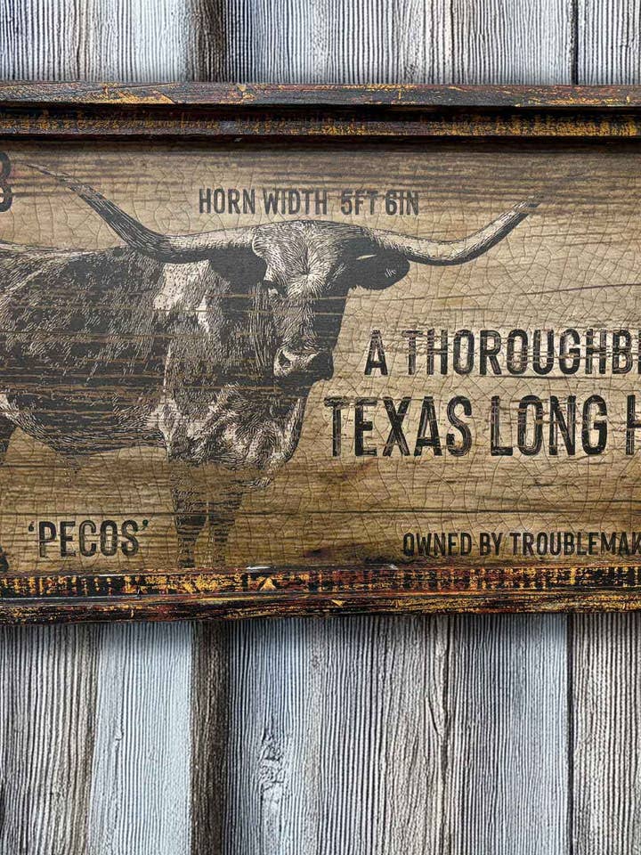Enseigne rustique Long Horn pur-sang - Œuvre rectangulaire grande 18" x 36" pour la vente par TroubleMaker Trading Company