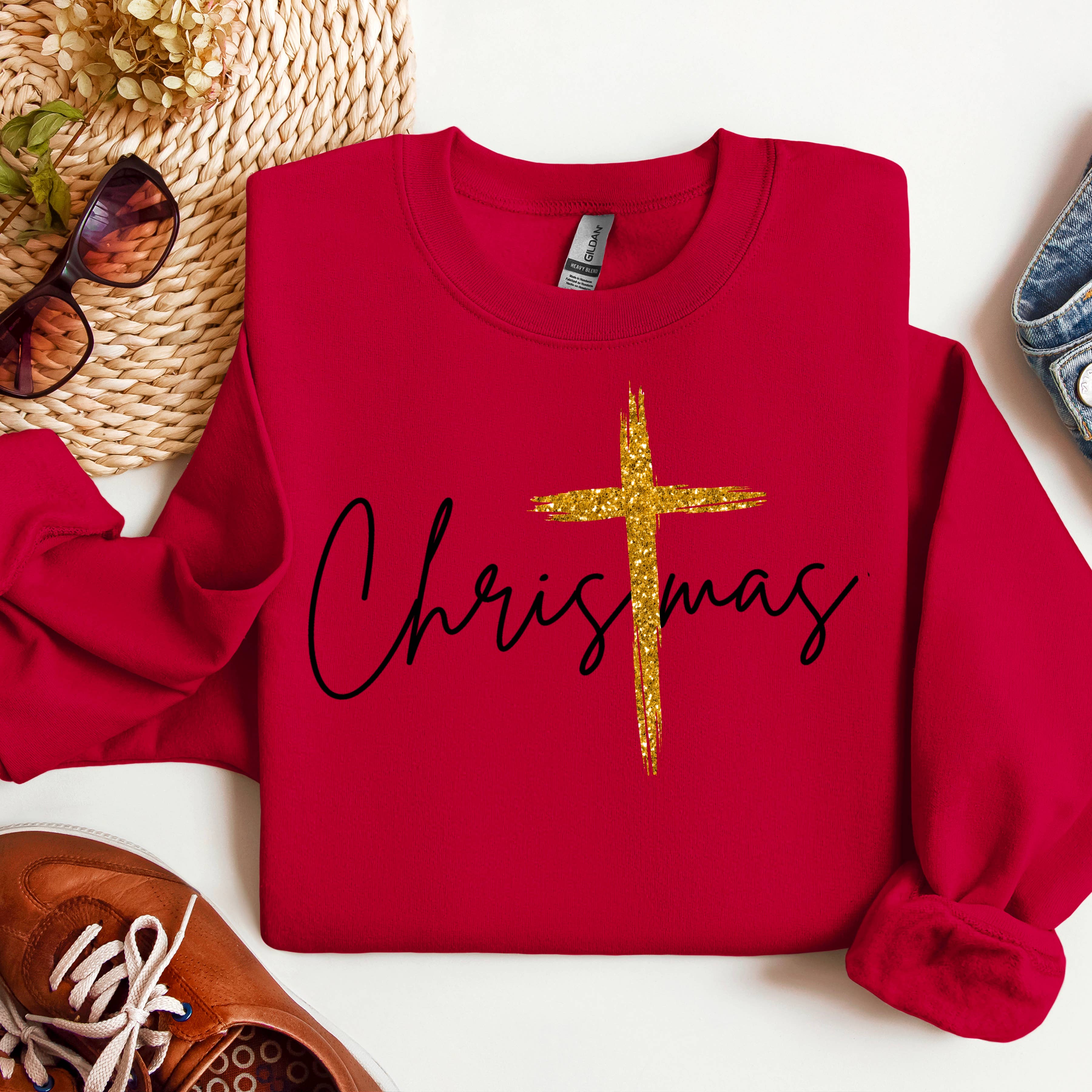Lauras Closet - Wholesale Graphic Sweatshirt - Women's - Christmas with Gold Cross- Graphic Tee 2