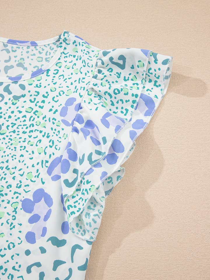 Blue Leopard Layered Ruffle Short Sleeve Casual Blouse for wholesale on Faire
