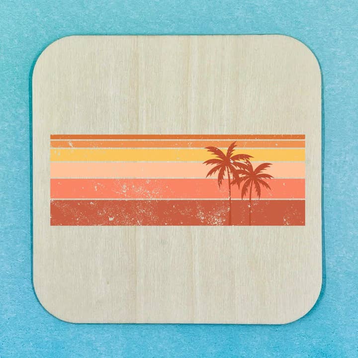 Sous-verre en bois - Orange Retro Lines Palm Sunset pour la vente par 143 Gumdrops