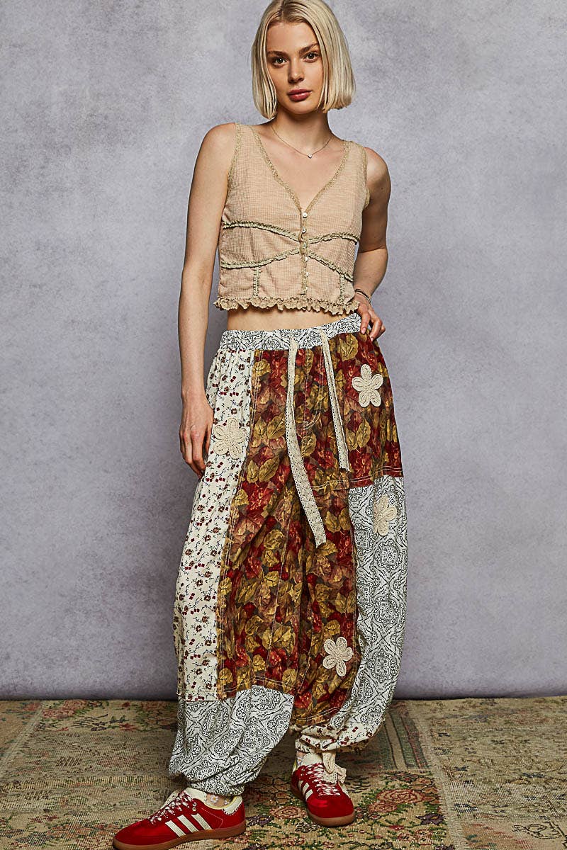 Pol Clothing - Wholesale Pants - Women's - Crochet patch detail contrast patchwork printed woven pants11