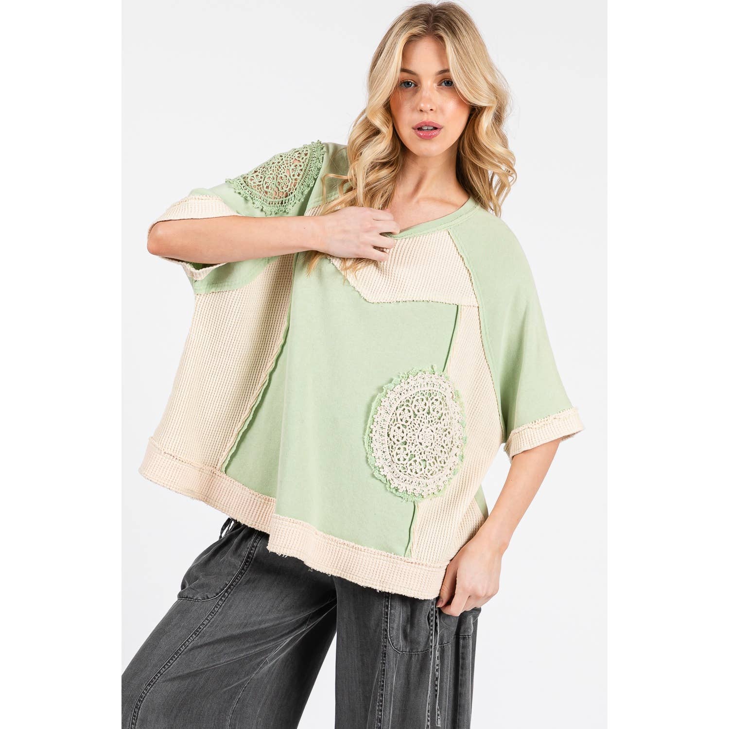 Sage VINTAGE CROCHET PATCHWORK TOP (ST7715) for wholesale on Faire2