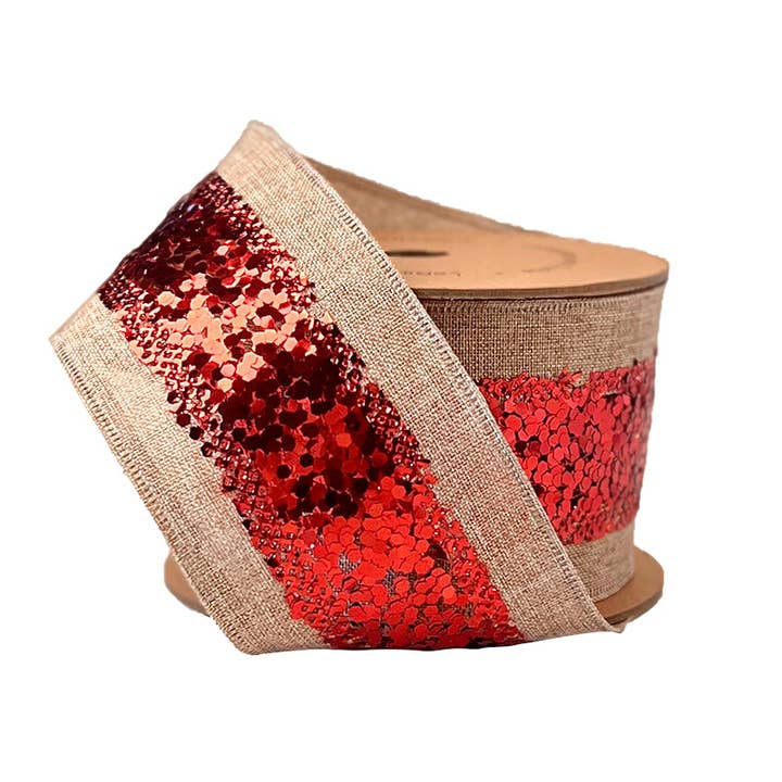 6,35 cm Bedrade Lint | "Metallic Gestreept" Natuurlijk/Rood | Rol van 9,14 meter voor wholesale door LA Ribbons Wholesale