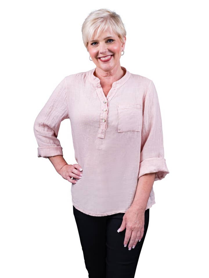 TINA Stephens Italy/Tees By Tina – Túnica - Mulher por atacado – Destino Linho Henley Top (BQ158)2