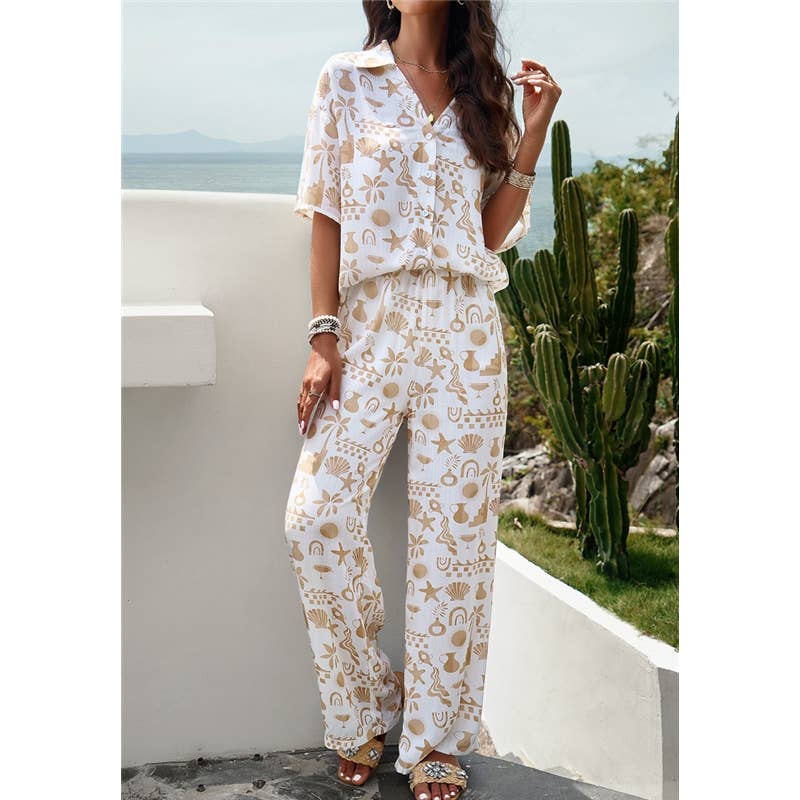 FurDecoration – Großhandel Loungewear-Set – Damen – Kurzarmanzug mit geometrischem Aufdruck am Revers6