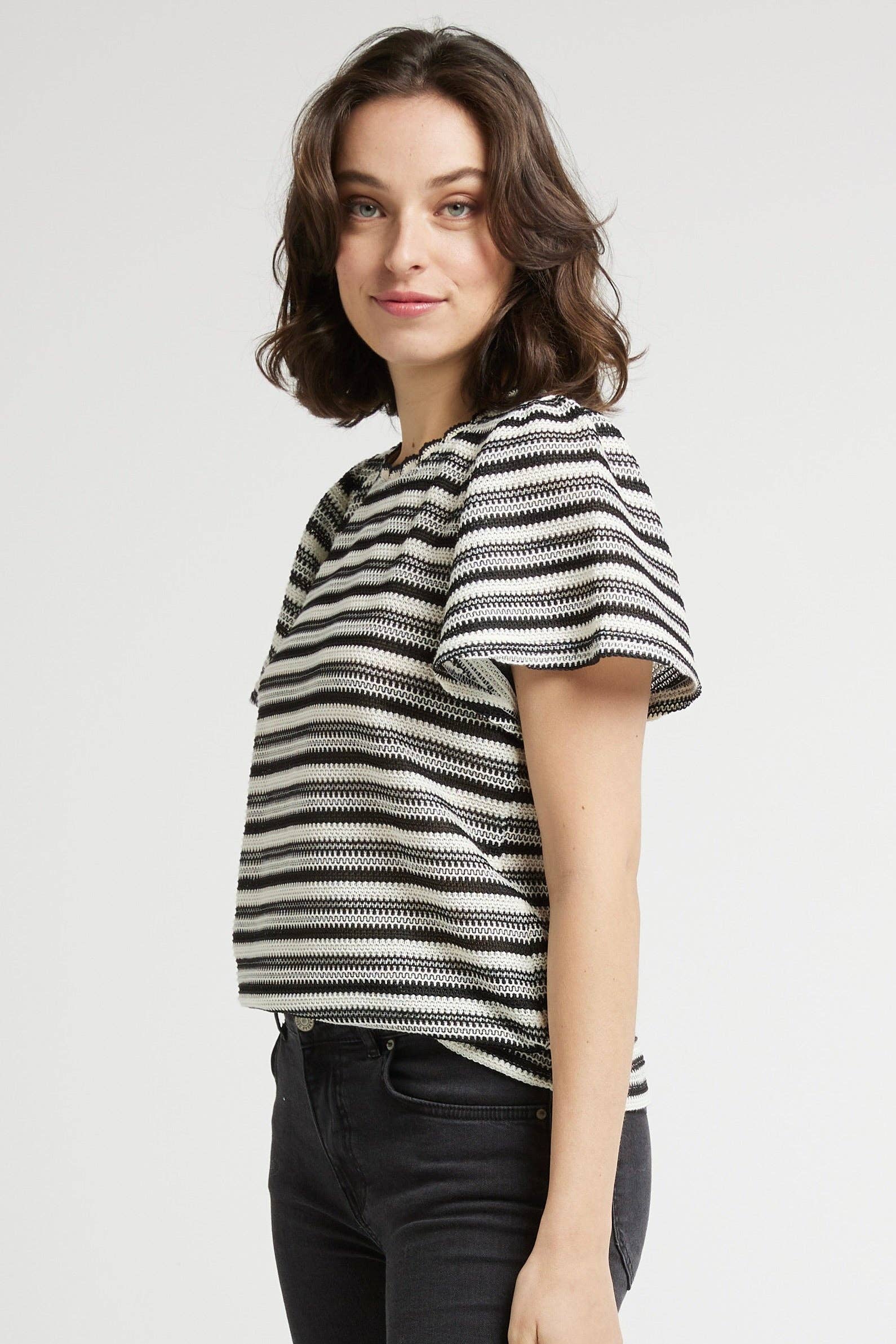 BLACK TERRY - Striped openwork knit T-shirt for wholesale on Faire6