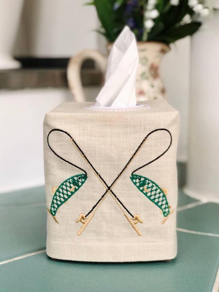 Fishing Theme Linen Tissue Box Cover for wholesale by Belle Linen
