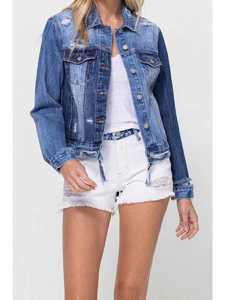 Lycklig KLASSISK JEANSJACKA V2745J MED KONTRASTERANDE KONTRAST för wholesale på Faire