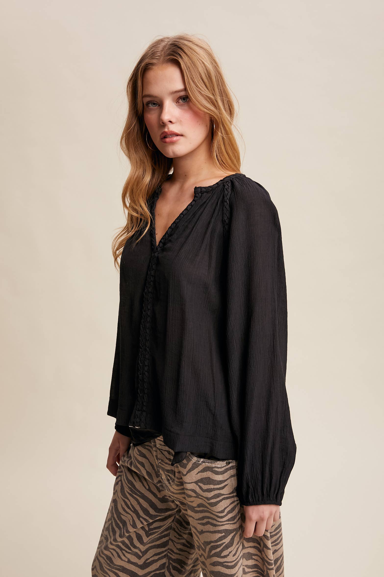 Listicle - Wholesale Blouse - Women's - Braided Trim Peasant Blouse LT144732