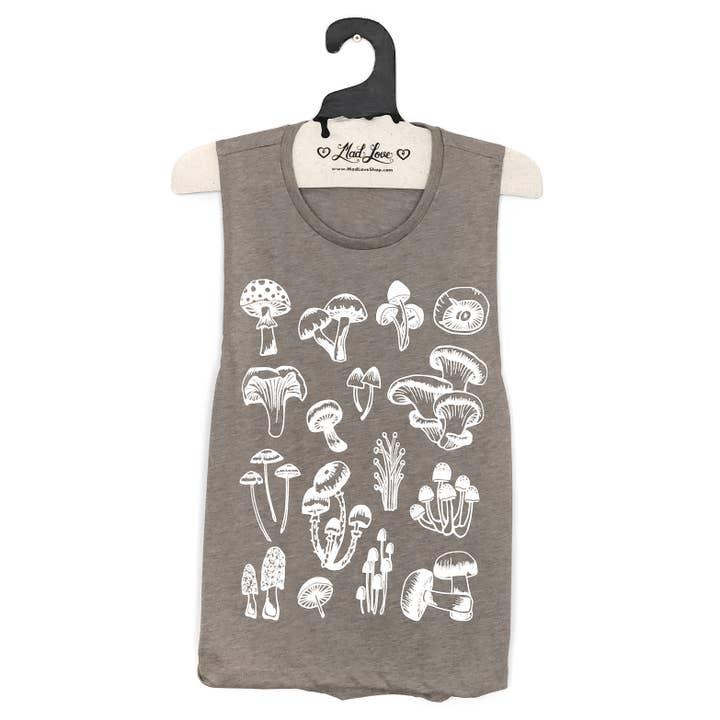 Tan Gray Muscle Tank with Mushrooms Print for wholesale by Mad Love Shop