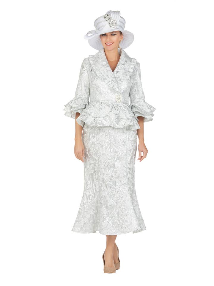 2pc Metallic Brcd Rfl Slv Peplem Jkt+Mmd Skt Suit for wholesale by Giovanna