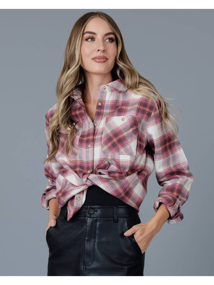 Berry Combo Madison Pink Plaid Long Sleeve Button DownShirt for wholesale on Faire