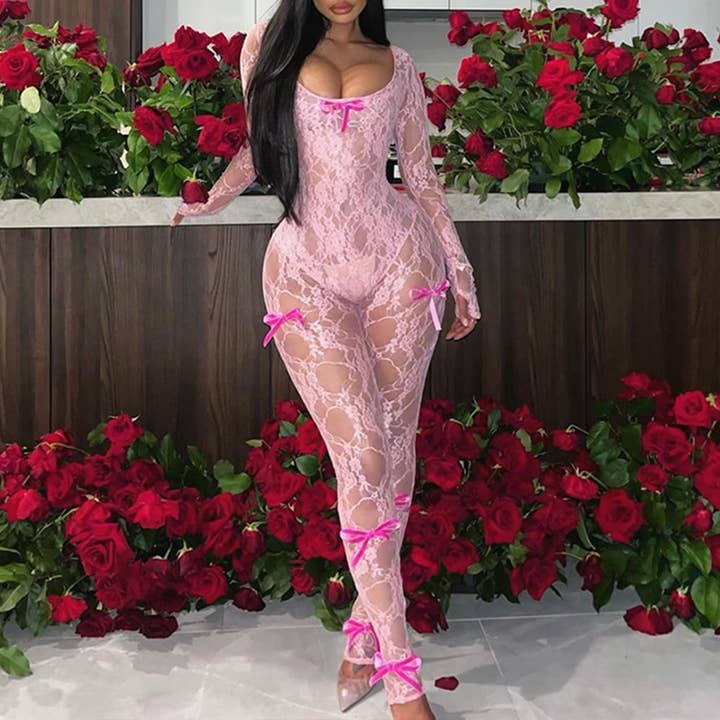 MB Fashion Wholesale - Wholesale Jumpsuit - Women's - MB FASHION MESH LACE SEE THROUGH BOW JUMPSUITS 2881LY