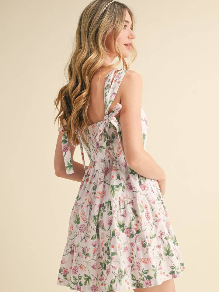 &MERCI - Vente Robe – femme - ROBE COURTE À VOLANTS FLORAUX AVEC BRETELLES À NOUER MDR38083