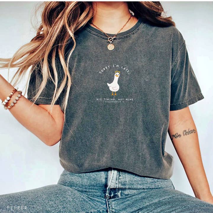 Faith & Life Christian Brands - Wholesale Screen Printed T-Shirt - Women's - Sorry I'm Late, His Timing Not Mine Cute Graphic T-Shirt15