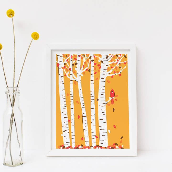 strawberryluna - Wholesale Art Print - Small Autumn Cardinal Print Birch Tree Art Red Bird2